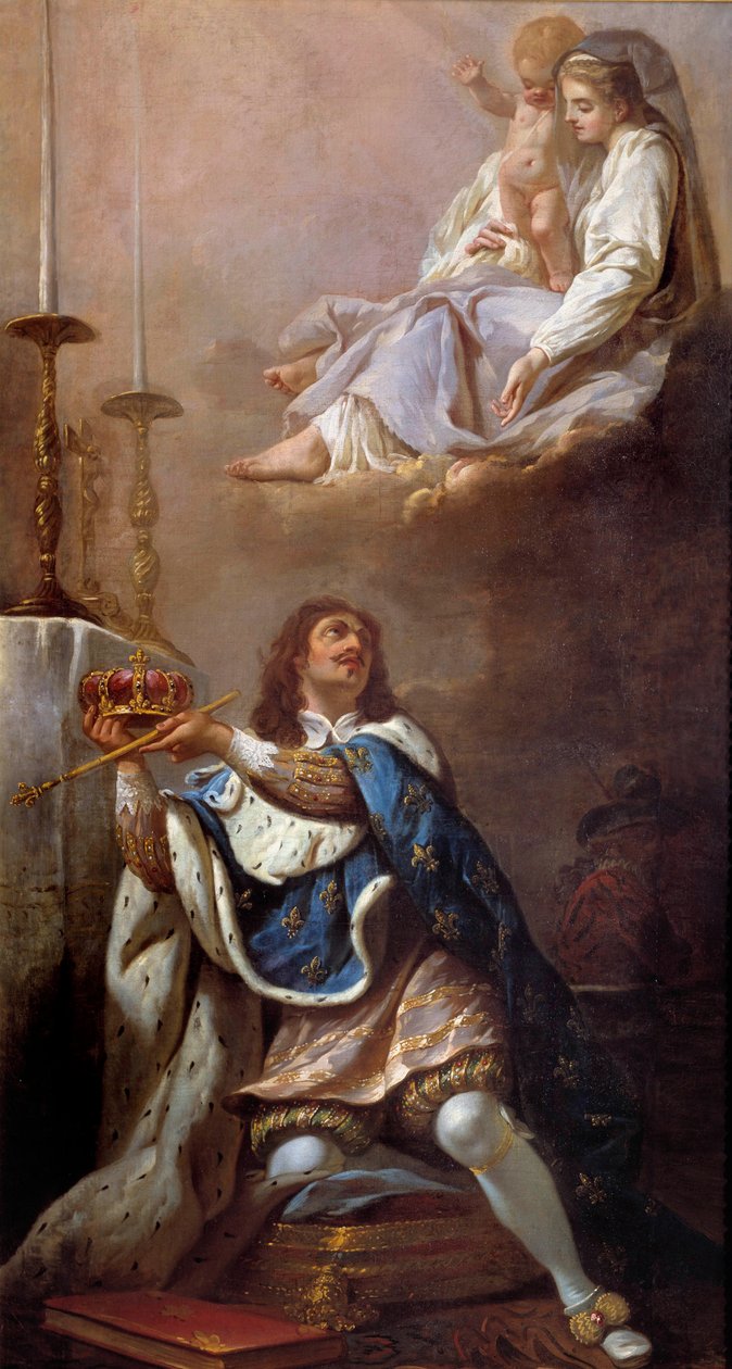 König Ludwig XIII. bietet der Jungfrau Maria seine Krone an von French School