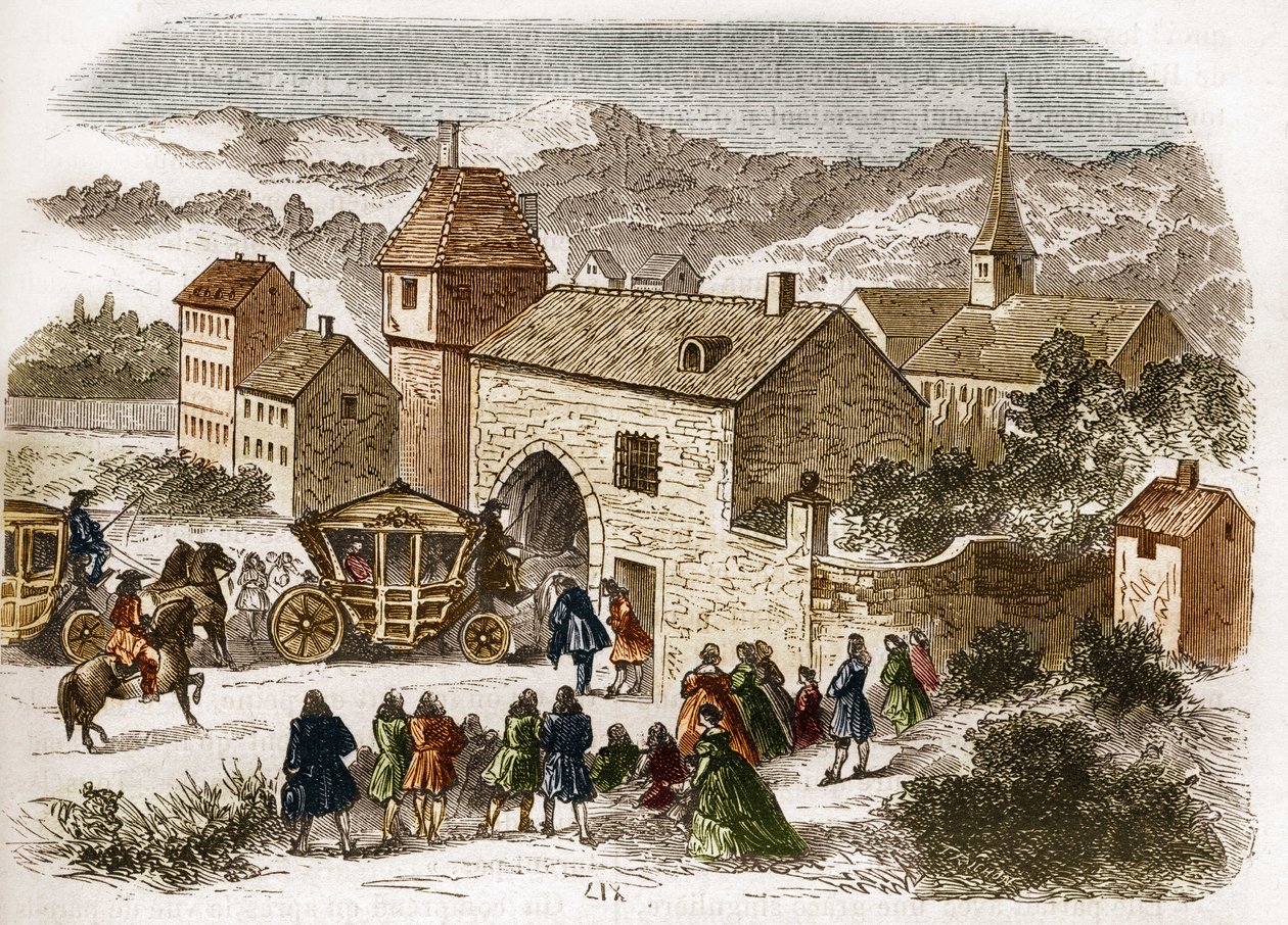 König Ludwig XIV. (1638-1715) besucht Melle de Fontanges (1661-1681) in Port Royal um 1680. Gravur in „Die Geschichte der Prostitution und Ausschweifung unter allen Völkern der Welt von der Antike bis zur Gegenwart“ von Dr. Th. -F. Debray. 1879 von French School