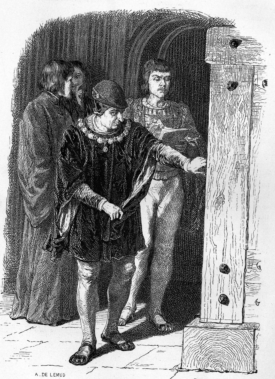König von Frankreich Ludwig XI. besucht die Käfige der Bastille. Gravur in „Notre Dame de Paris“ von Victor Hugo von French School