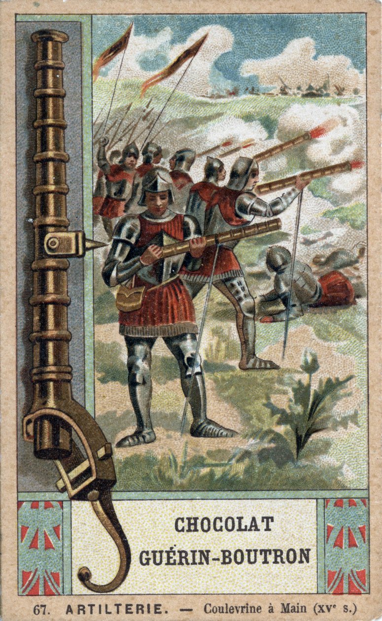 Ritter, der eine Handkulevrine aus dem 15. Jahrhundert manövriert. Chromolithographie des 19. Jahrhunderts von Guérin-Boutron Schokoladen von French School