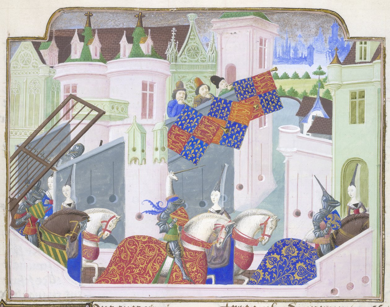 Ritter und Damen reiten zu einem Turnier in London, aus Froissarts Chronik, Ende des 15. Jahrhunderts von French School