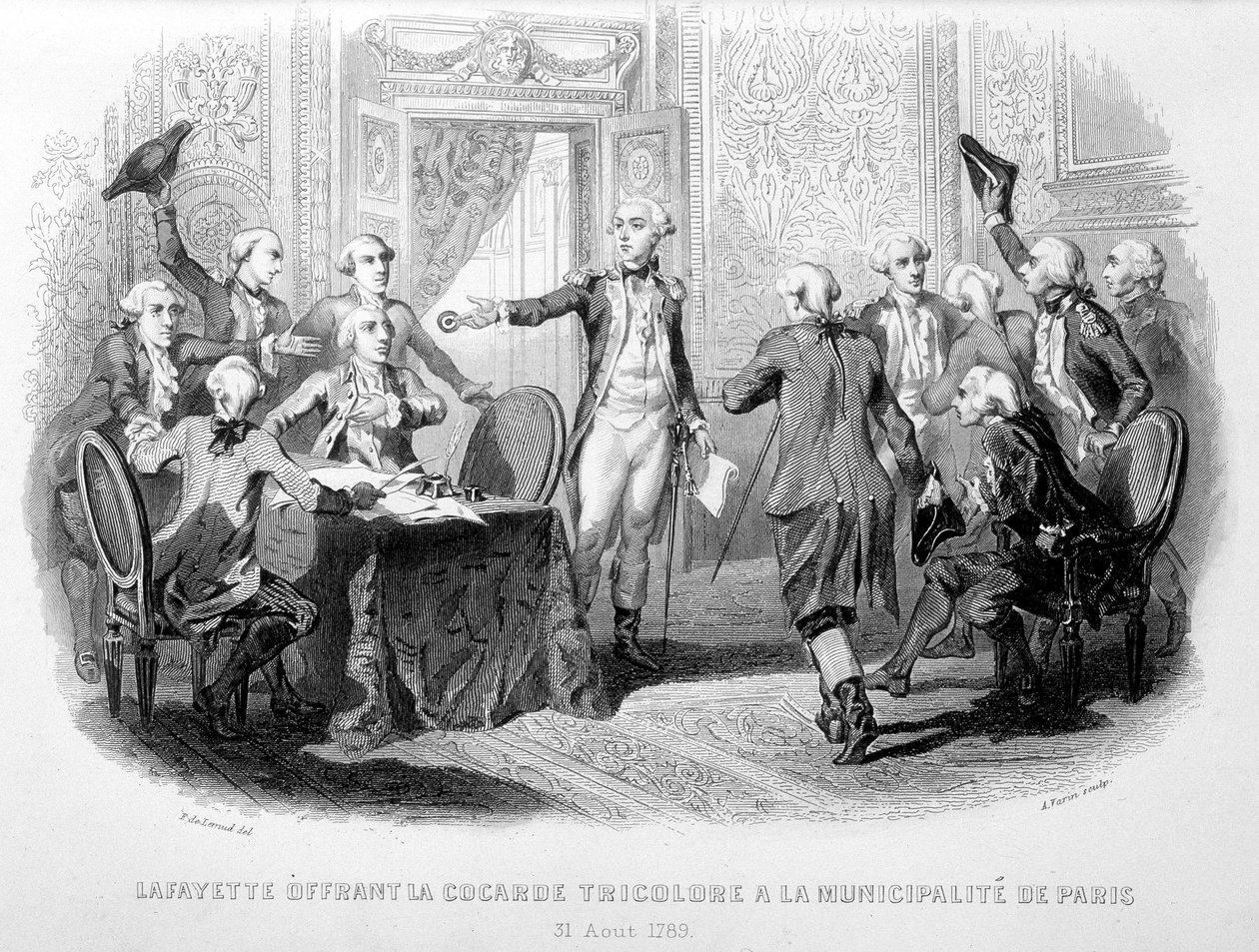 La Fayette bietet der Gemeinde Paris die Trikolore-Kokarde an (31. August 1789) - in „Fastes de Gardes nationales de France“ von French School