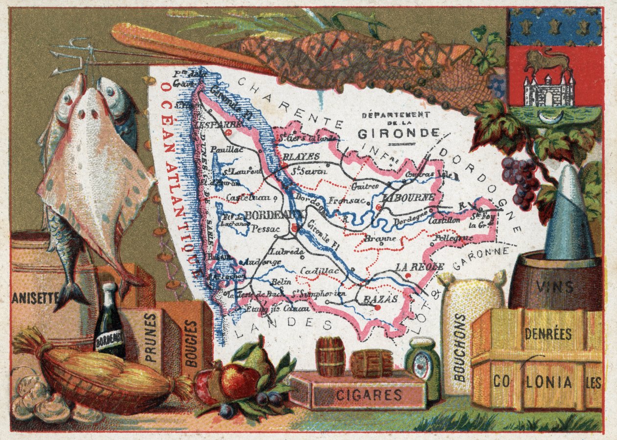 La Gironde (33), Aquitanien, Frankreich. Lokale Spezialität: Fisch, Anisette, Bordeauxwein, Pflaumen, Kerzen, Zigarren, Korken und Kolonialwaren. Serie über die französischen Departements. Chromolithographie „der geografische Faden“, um 1920. Private Samml von French School