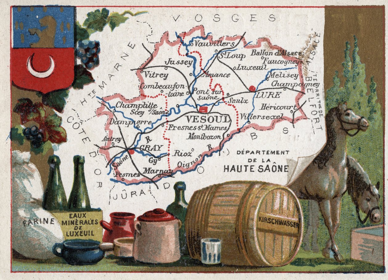 La Haute-Saône (70), Franche-Comté, Frankreich. Mehl, Luxeuil-Mineralwasser, Kirschwasser. Serie über die französischen Departements. Chromolithographie "Der geografische Faden", ca. 1920. Private Sammlung von French School