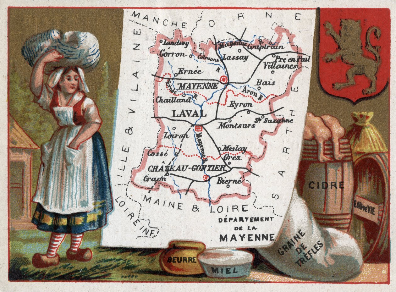 La Mayenne (53), Pays de la Loire, Frankreich. Bauer, Butter, Honig, Kleesamen, Cidre und Brandy. Serie über die französischen Departements. Chromolithographie "Der geografische Faden", ca. 1920. Private Sammlung von French School