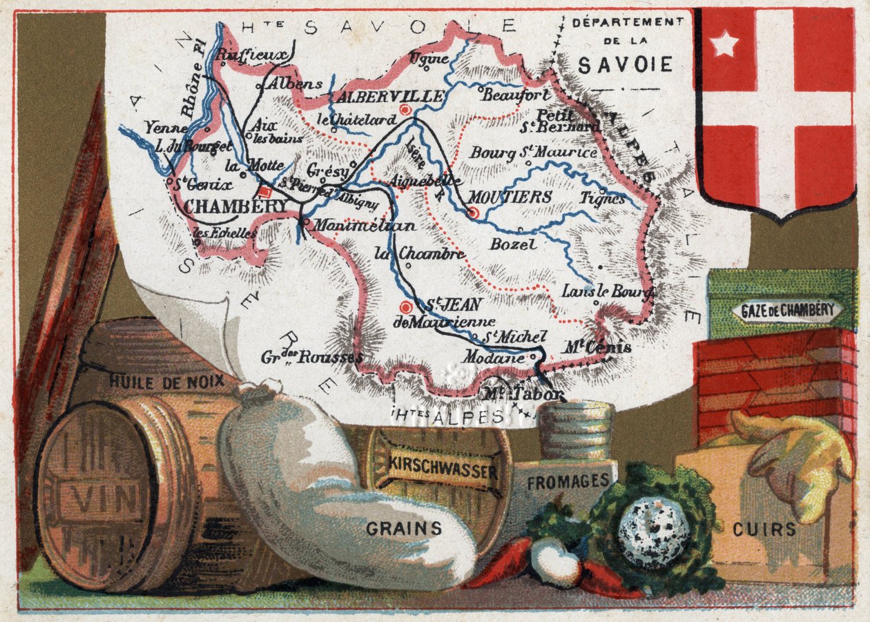 La Savoie (73), Rhone Alpes (Rhone-Alpes), Frankreich. Serie über die französischen Departements. Lokale Spezialität: Walnussöl, Wein, Getreide, Kirschwasser (Kirsch), Käse, Chambéry-Gaze und Leder. Chromolithographie „der geografische Faden“, um 1920. Pri von French School