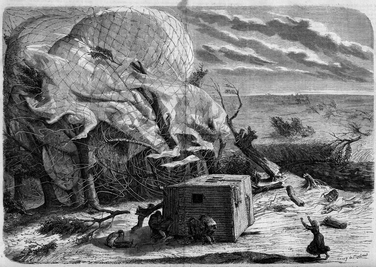 Der Absturz des Ballons „Le Géant“ in den Ebenen von Hannover im Jahr 1863 mit an Bord: Jules und Louis Godard, Felix Nadar, seine Frau, Fernand Montgolfier und Thirion. Die Aeronauten versuchen, Frau Nadar zu retten, die unter dem Korb gefangen ist. Gravu von French School