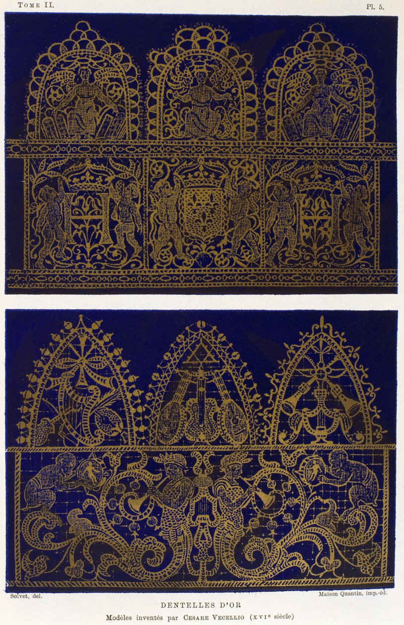 Spitzenmuster in Gold, von Cesare Vecellio (1521-1601), Stich aus Dictionnaire de l