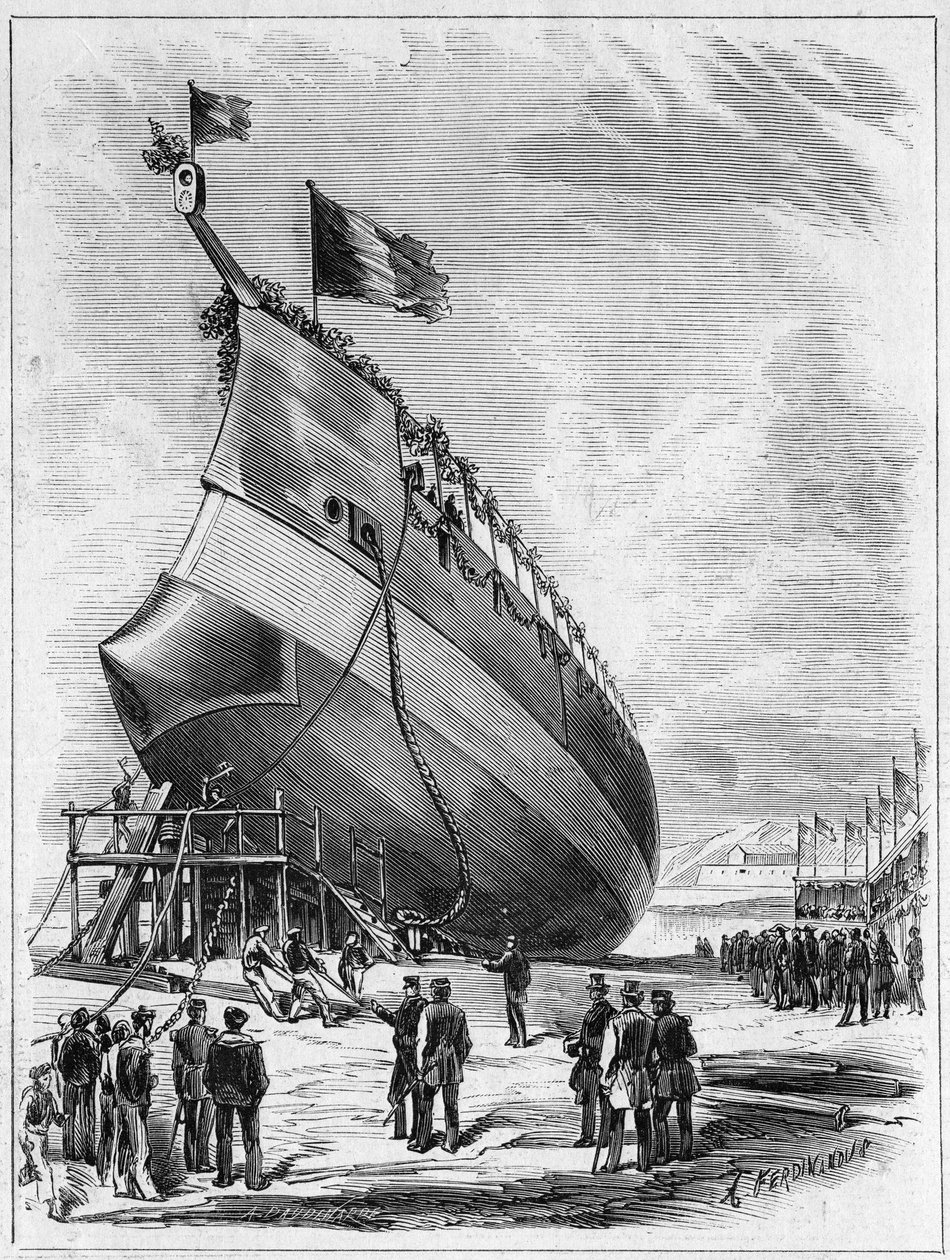 Stapellauf des Panzerschiffs „La Galissonniere“, 7. Mai 1872 im Hafen von Brest, Finistère (29). Gravur in „Le Monde Illustré“ Nr. 789 vom 25. Mai 1872. von French School