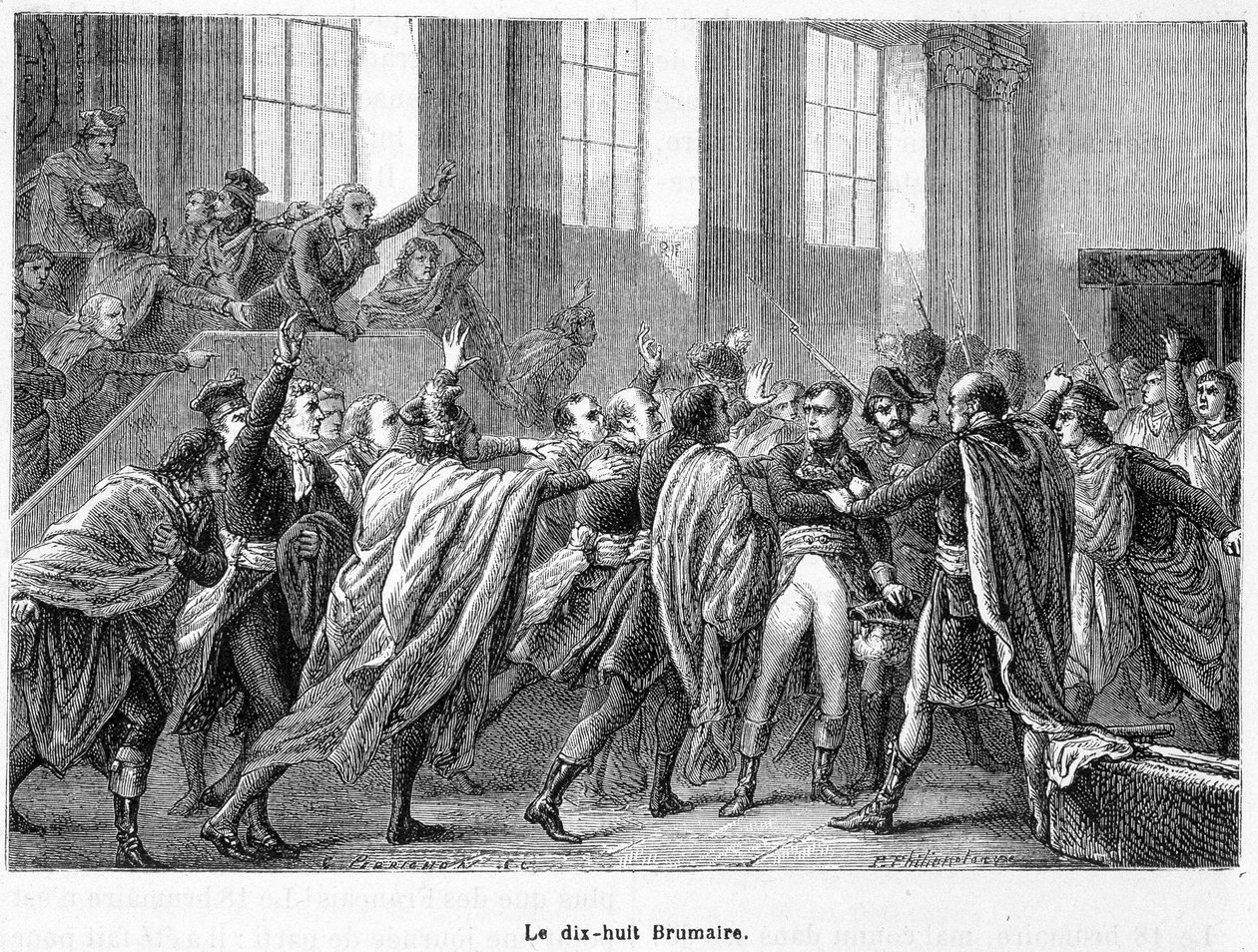Der 18. Brumaire Jahr 8: Staatsstreich von Napoleon in Saint-Cloud im Rat der Fünfhundert (Saal der 500) - in „La France Populaire“ von French School