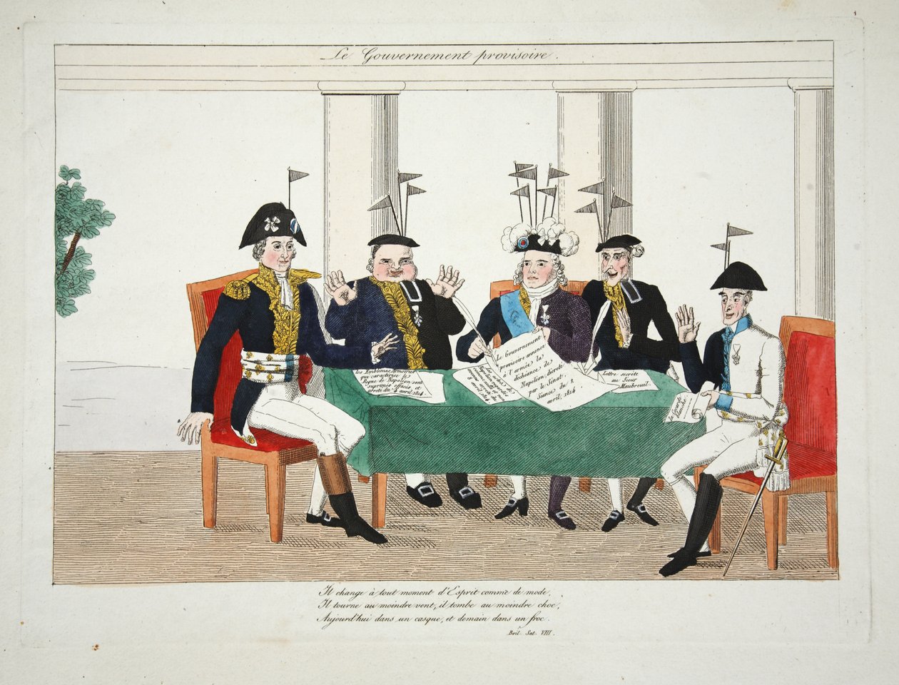 Le Gouvernment Provisoire, veröffentlicht 1814 (handkolorierte Gravur) von French School