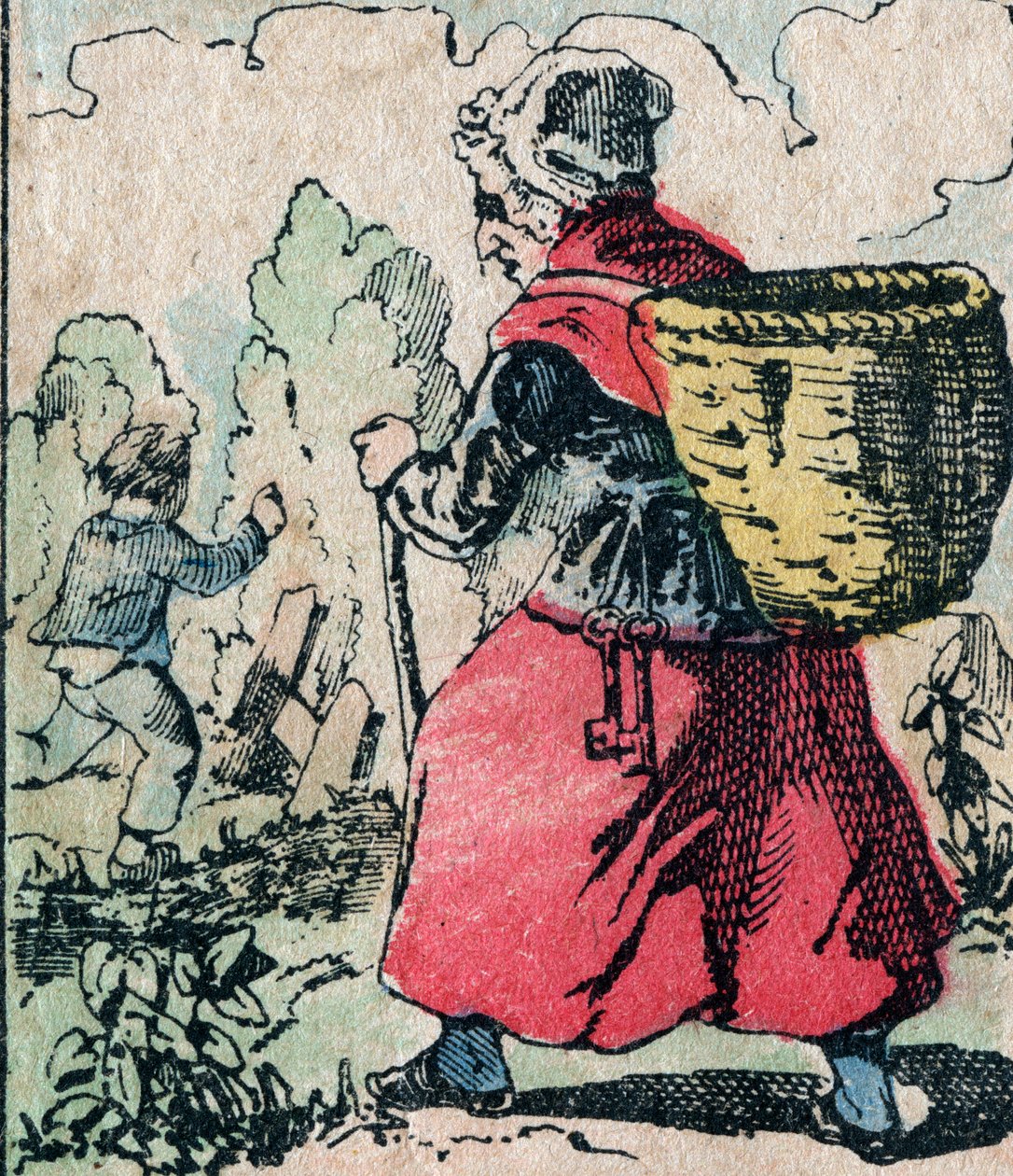 Le Pere Fouettard, französische Figur des Peitschvaters, legendäre Figur des Folklore, die unartige Kinder bestraft: seine Frau, La Mere Fouettard, die Peitschmutter, die die Kinder verfolgt, die die Schule schwänzen - Epinal-Bild von French School
