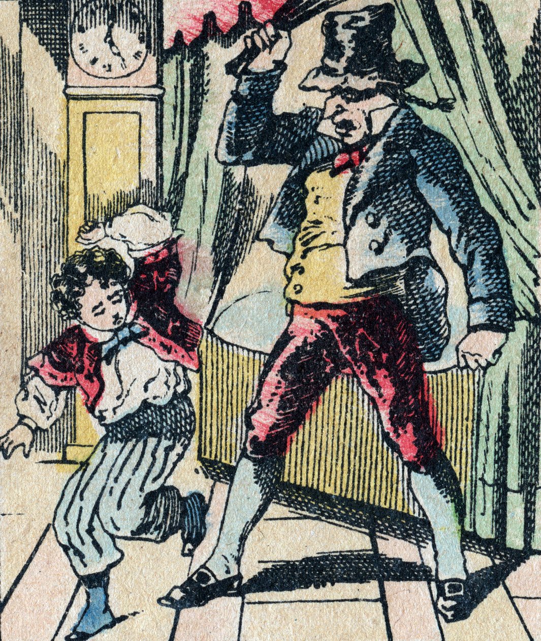 Le Pere Fouettard, legendäre Figur des Folklore, die unartige Kinder mit seiner Peitsche bestraft und ungehorsame Kinder einsperrt, Epinal-Bild von French School