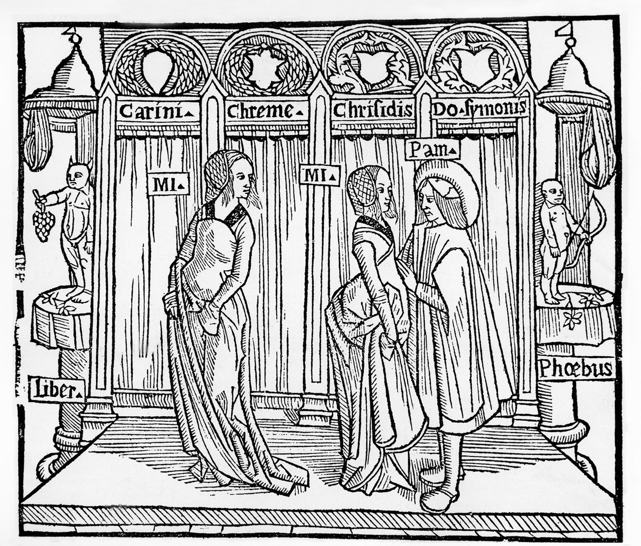 Das Theater im Mittelalter: drei Personen auf der Bühne - Gravur von Térence de Jean Trechsel, herausgegeben in Lyon von French School