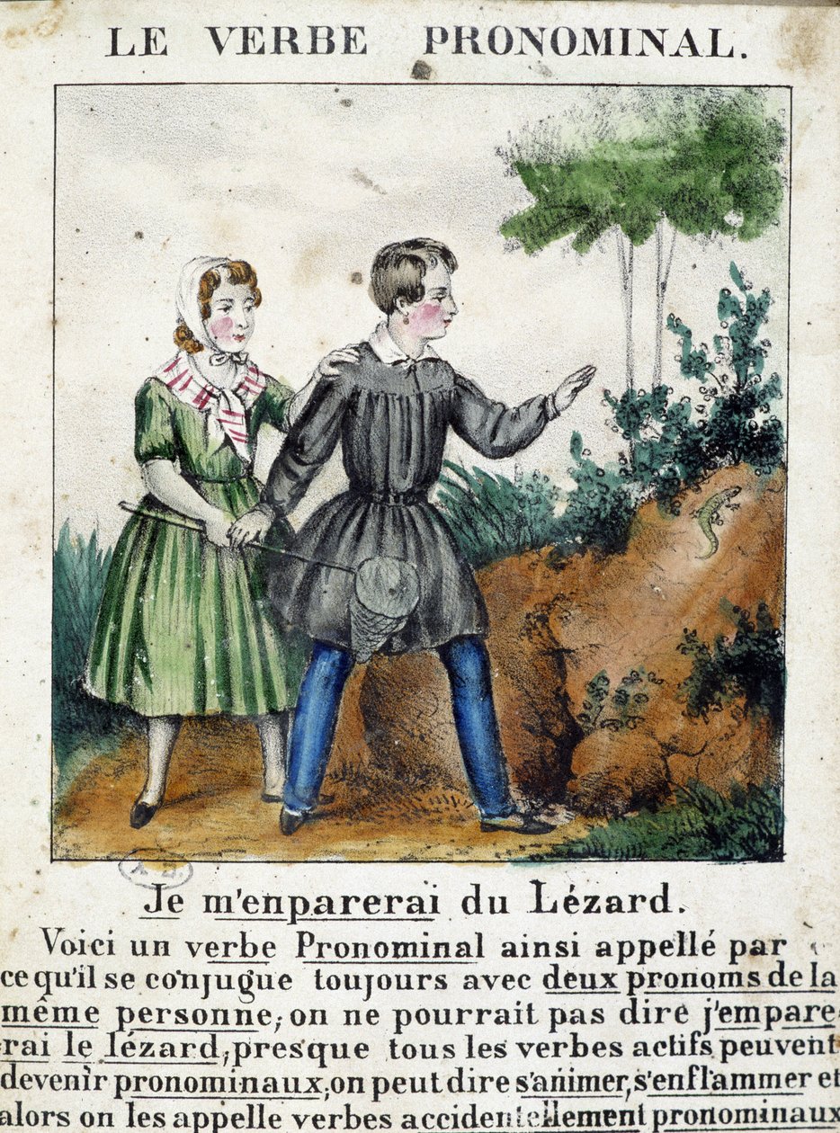 Lektion über reflexive Verben. In „La grammaire en images“, Heftalbum, um 1850 von French School