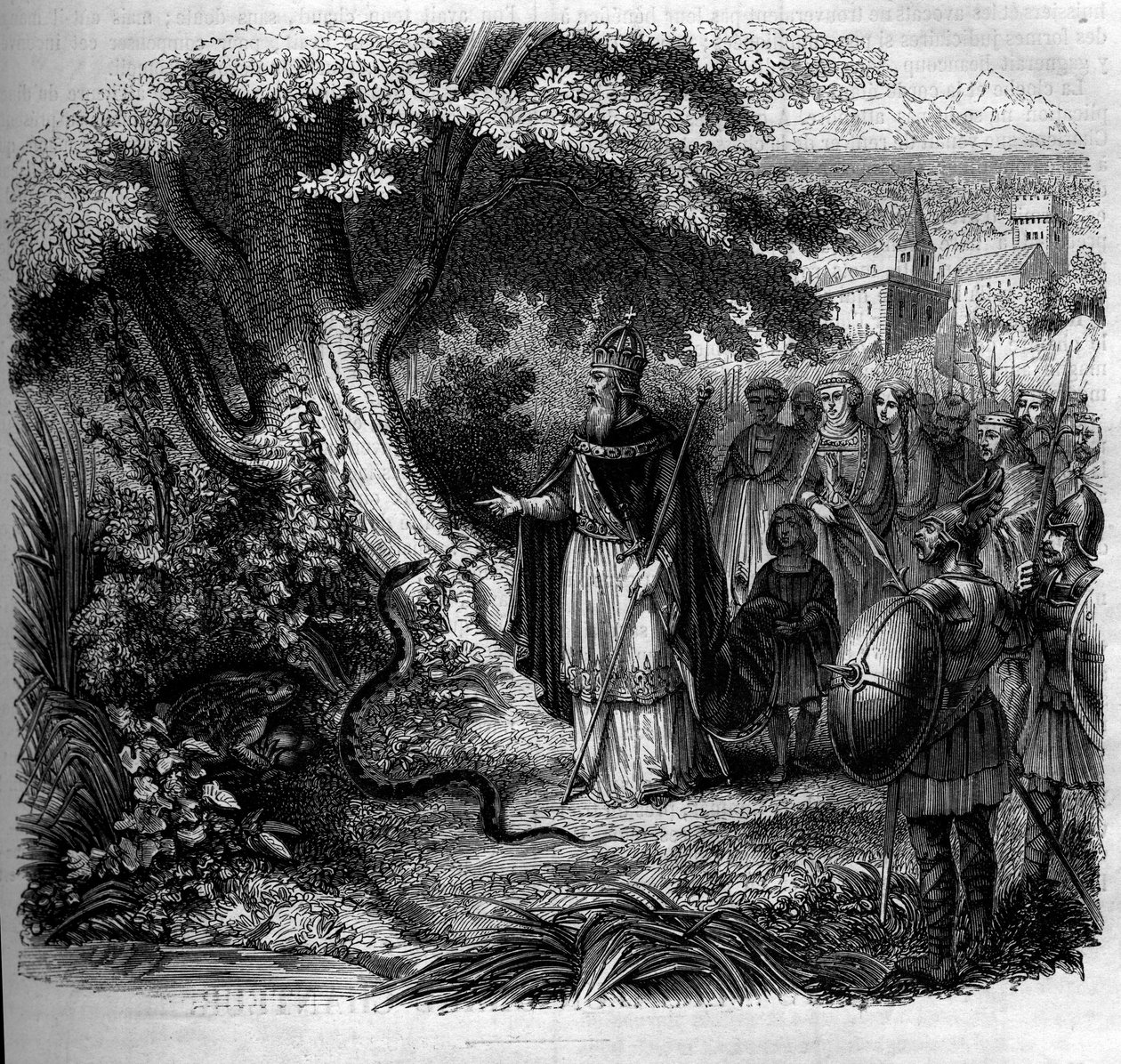 Legende von Karl dem Großen und der Schlange: Der Kaiser vor dem Nest der Schlange, das von einer Kröte bewohnt wird. Gravur von 1852. von French School