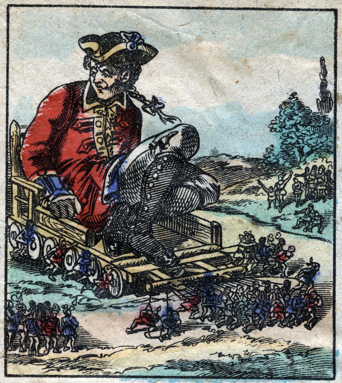 Lemuel Gulliver, ein Gefangener, wird auf einem von den Lilliputanern gezogenen Wagen transportiert. Illustration für „Gullivers Reisen“ von Jonathan Swift (1667-1745). Epinal Imaging Ende des 19. Jahrhunderts. von French School