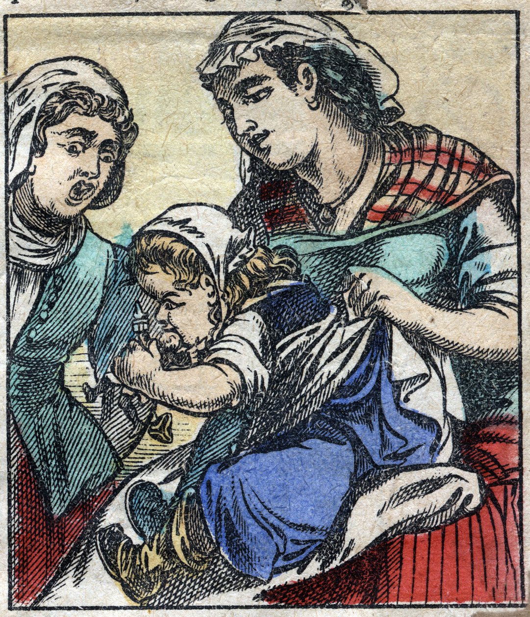 Lemuel Gulliver im Land der Riesen von Brobdingnag. Illustration für „Gullivers Reisen“ von Jonathan Swift (1667-1745). Epinal-Bild Ende des 19. Jahrhunderts. von French School