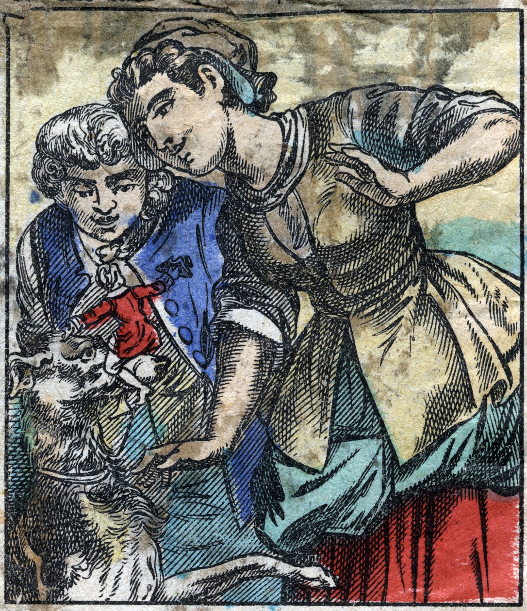 Lemuel Gulliver im Land der Riesen von Brobdingnag. Illustration für "Gullivers Reisen" von Jonathan Swift. Epinal-Bildgebung Ende des 19. Jahrhunderts. von French School