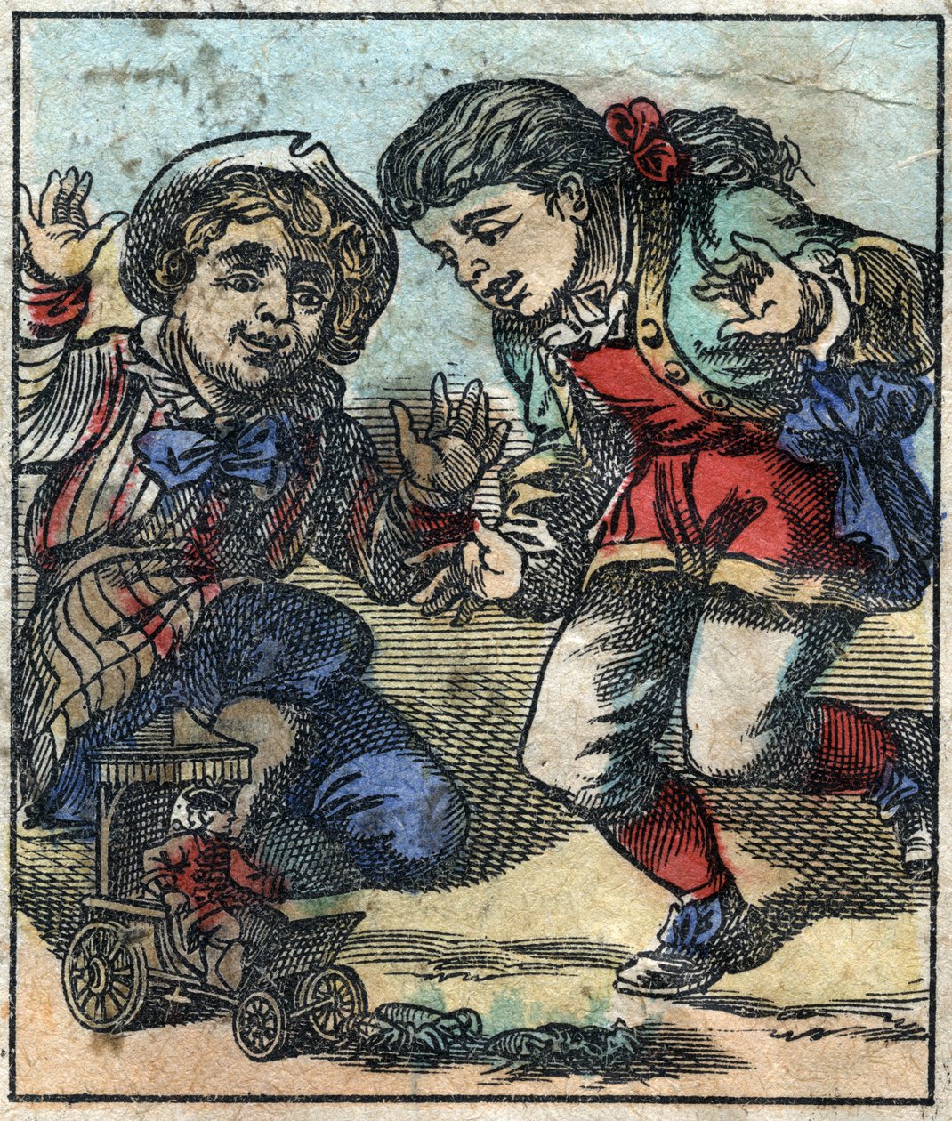 Lemuel Gulliver wird von den riesigen Kindern von Brobdingnag als Spielzeug benutzt. Illustration für „Gullivers Reisen“ von Jonathan Swift (1667-1745). Epinal-Bild Ende des 19. Jahrhunderts von French School