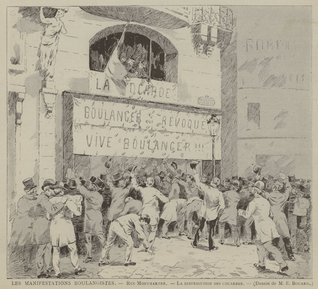 Die Boulangistischen Manifestationen, Rue Montmartre, Die Verteilung der Kokarden (Gravur) von French School
