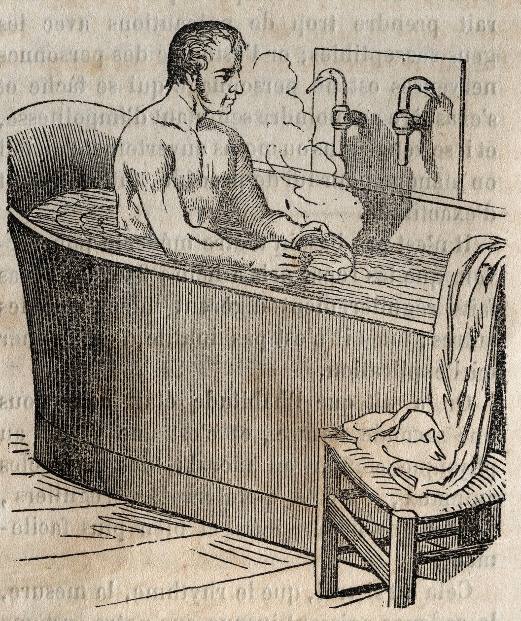 Die Gesten des Bades - Hygiene im 19. Jahrhundert - Mann in einer Badewanne - Gravur in La Sante Universelle - Guide Medical des Familles 1852 von French School
