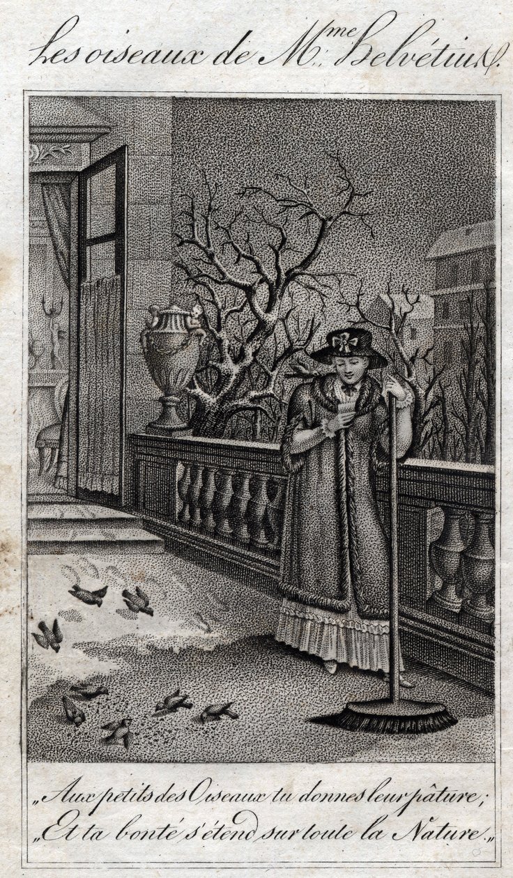Die Vögel von Madame Helvétius (Anne Catherine Helvétius) in „Ratschläge an meine Tochter“ von Jean Nicolas Bouilly (1763-1842). 1820. Private Sammlung von French School