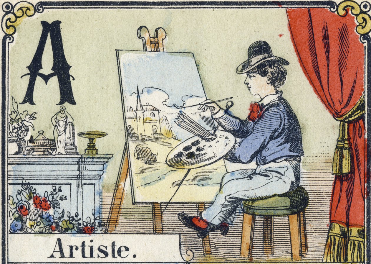 Buchstabe A: Künstler. Erholungsalphabet. Epinal-Bildgebung. Schablonierte Holzschnitte, ca. 1880. Kleines Heft mit 16 Seiten (205 x 150 mm). Private Sammlung von French School