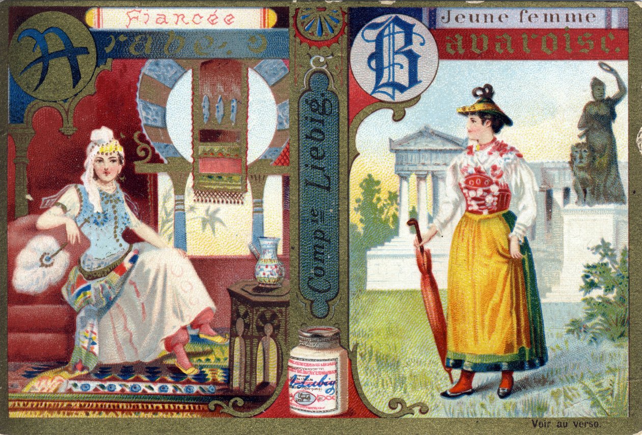 Buchstabe A als arabische Braut und B als bayerisches Mädchen. Frauenalphabet. Serie von 12 Bildern. Liebig-Werbung von French School