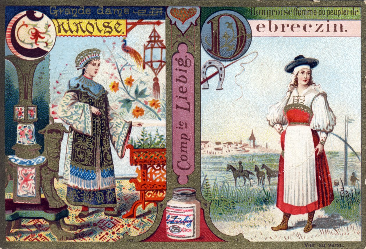 Buchstabe C als große chinesische Dame und D als Ungarin von Debreczin. Frauenalphabet. Serie von 12 Bildern. Liebig-Werbung von French School