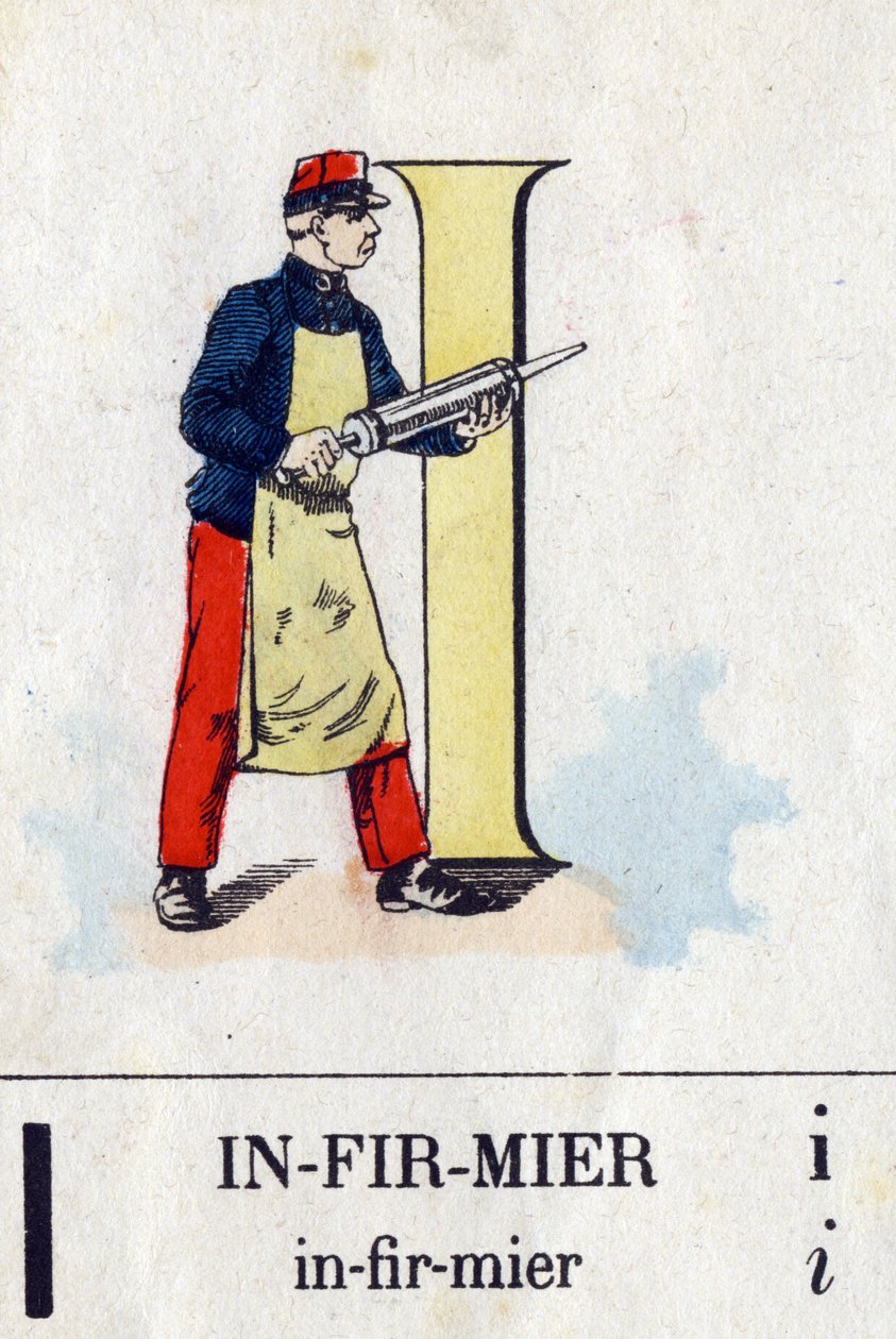 Buchstabe I wie Krankenschwester. Militäralphabet. Bild von Epinal, ca. 1870-1880. Schablonierte Holzschnitte von French School