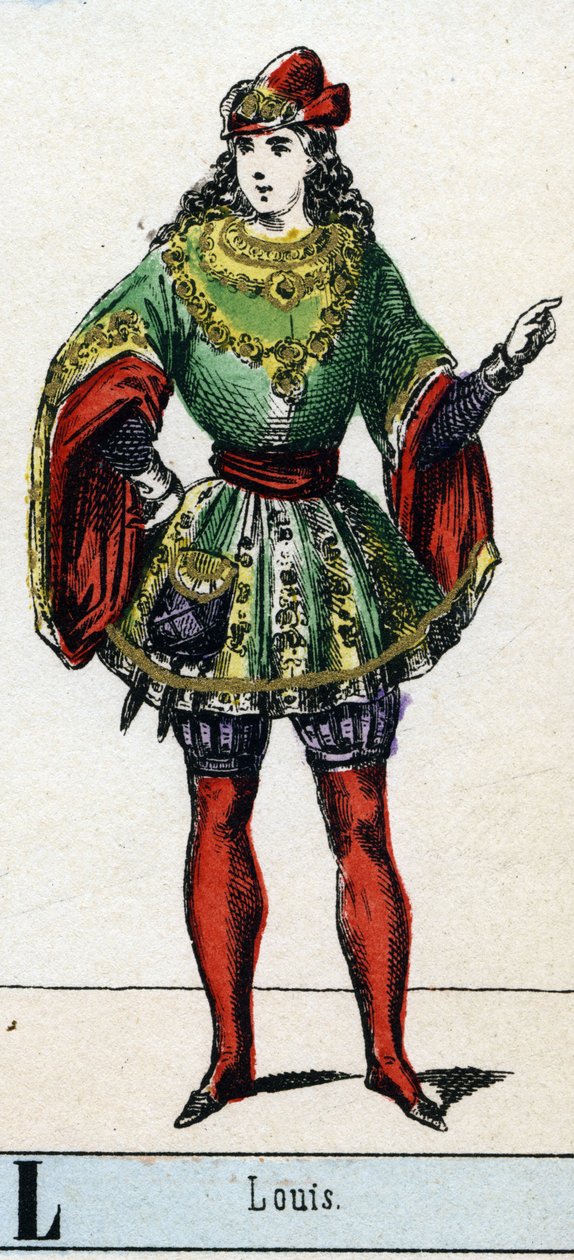 Buchstabe L wie Louis. Abecedarium des Theatralmuseums. Epinaler Bildgebung, um 1830. Holzschnitt, schabloniert mit Vergoldung. Privatbesitz von French School