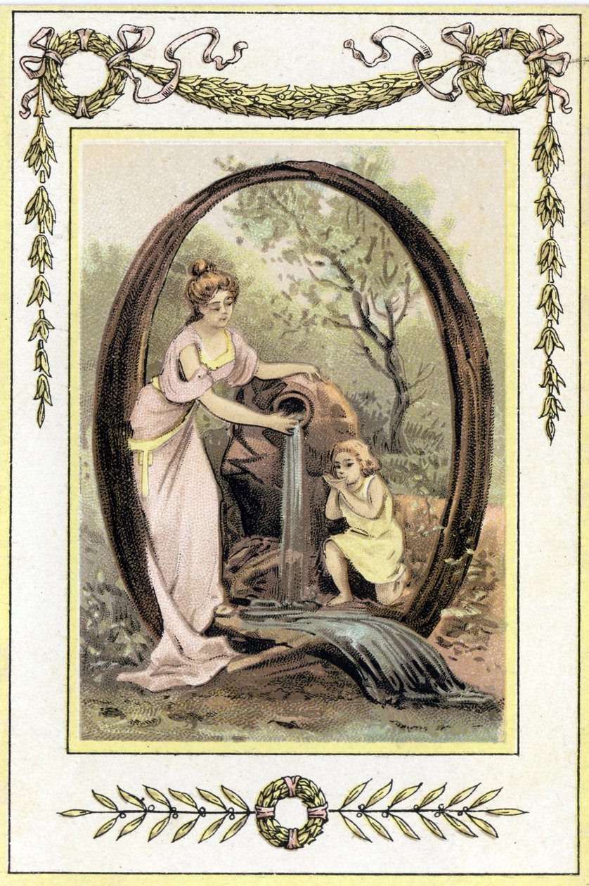 Buchstabe Q, der eine Mutter und ihren Sohn darstellt, die Wasser aus der Quelle trinken, späte 19. Jahrhundert (Chromolithographie) von French School