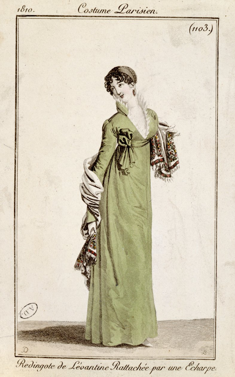 Levantiner Frack, befestigt mit einem Schal, Modeplatte aus Costume Parisien, 1810 von French School