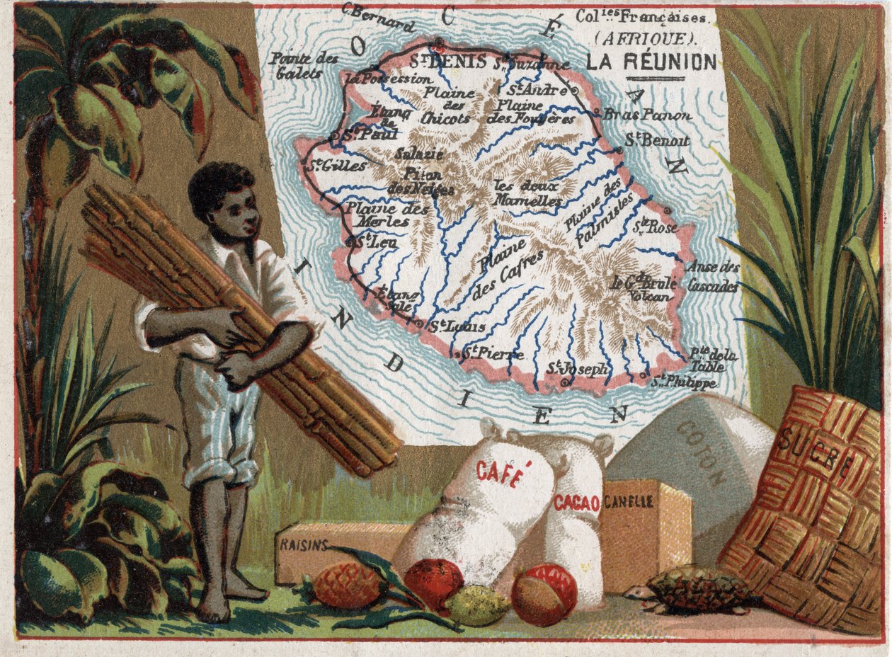 Die Insel La Réunion, Frankreich (heute Überseedepartements). Serie über die französischen Kolonien. Import von Kaffee, Trauben, Baumwolle, Zimt, Kakao und Zucker. Chromolithographie „der geografische Faden“, um 1920. Private Sammlung. von French School