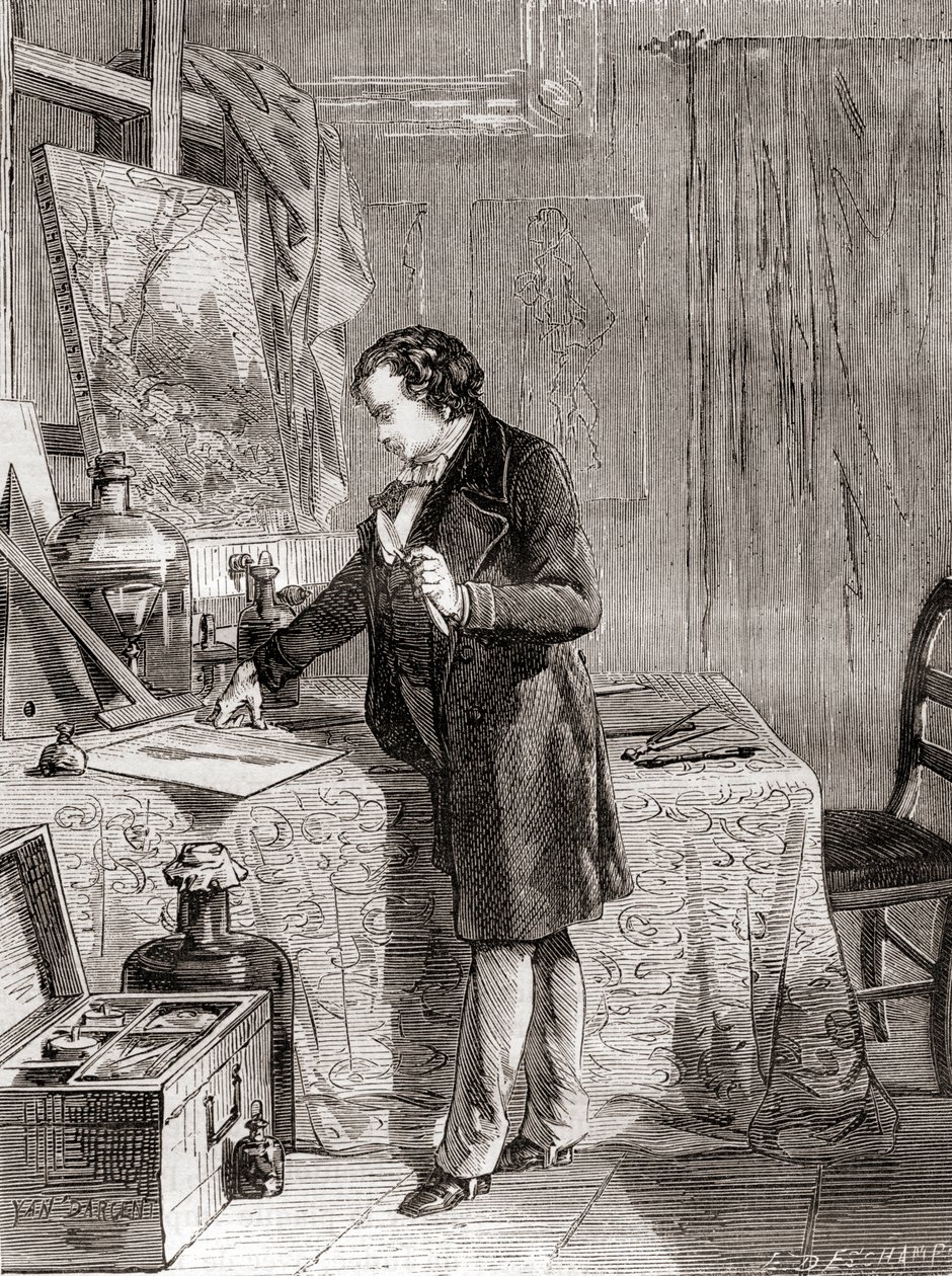 Louis-Jacques-Mandé Daguerre erfindet den Daguerreotypie-Fotografieprozess im 19. Jahrhundert, aus 
