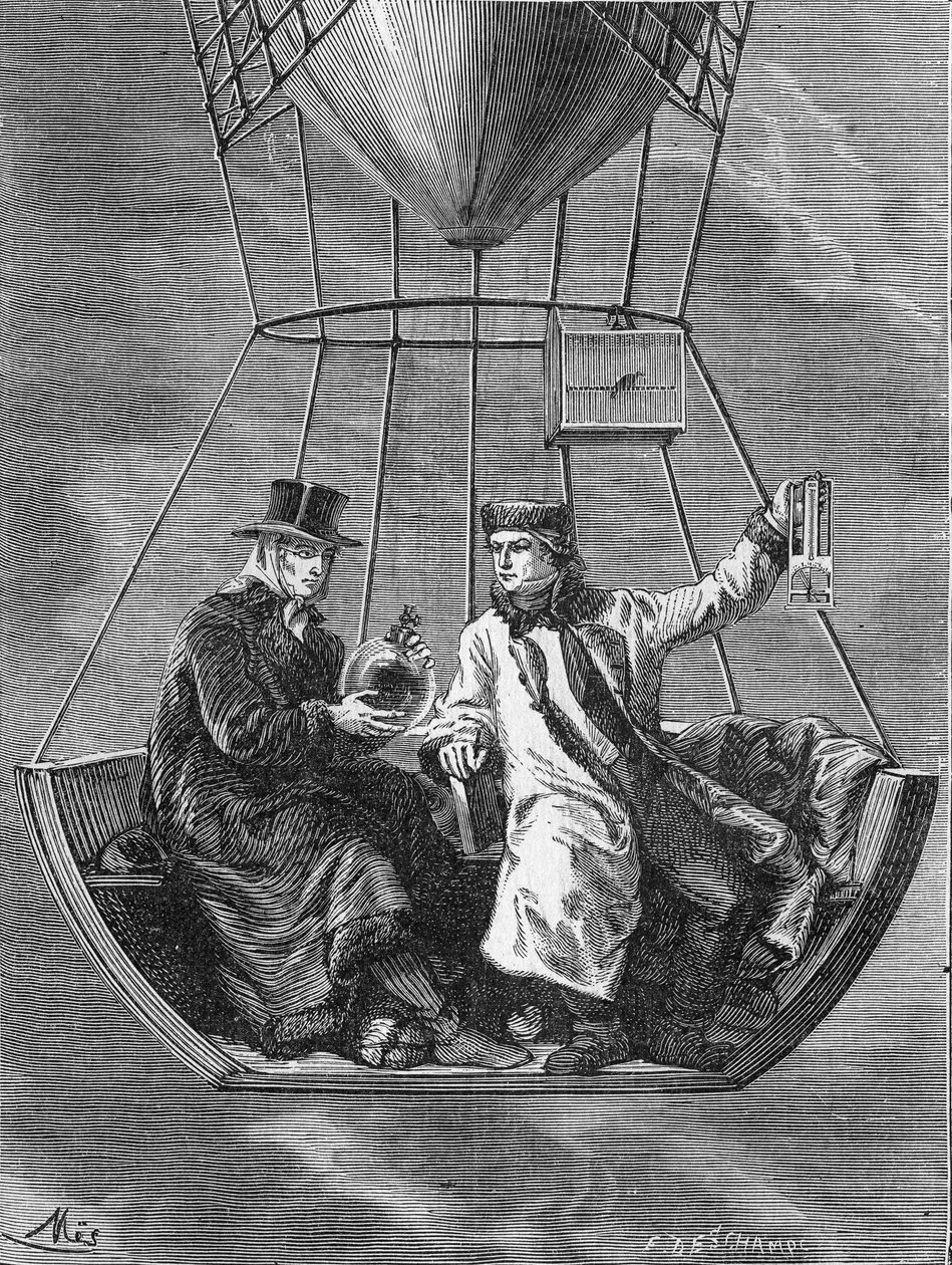 Louis-Joseph Gay-Lussac und Biot führen Physikexperimente in 4.000 Metern Höhe durch - in „Album der Wissenschaft; berühmte Wissenschaftler; Große Entdeckungen“ 1896 von French School