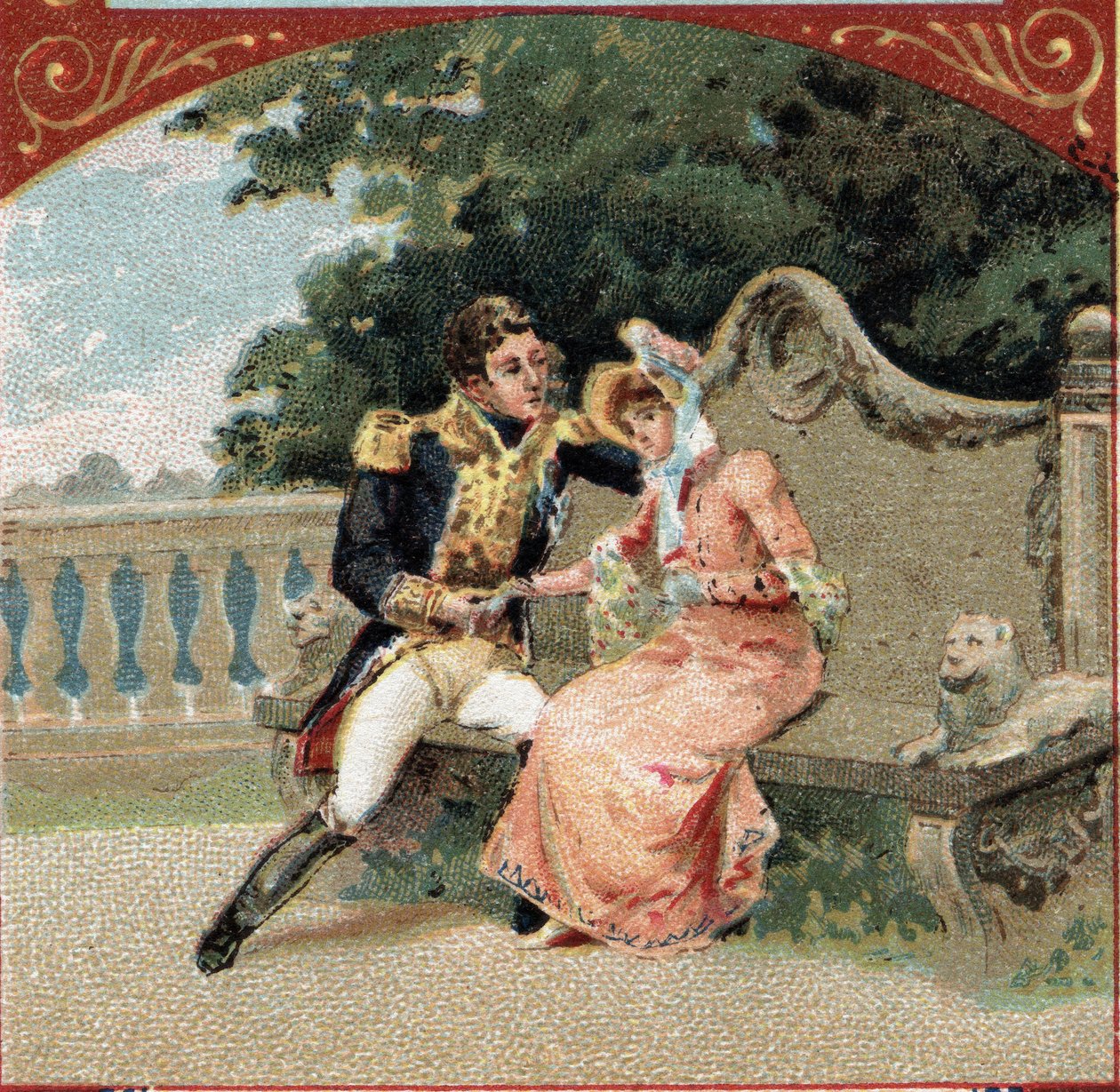 Louis Alexandre Berthier (1753-1815), Prinz von Wagram, mit Madame Visconti, seiner Geliebten, im Schloss von Grosbois. Chromolithografie aus dem späten 19. Jahrhundert von French School