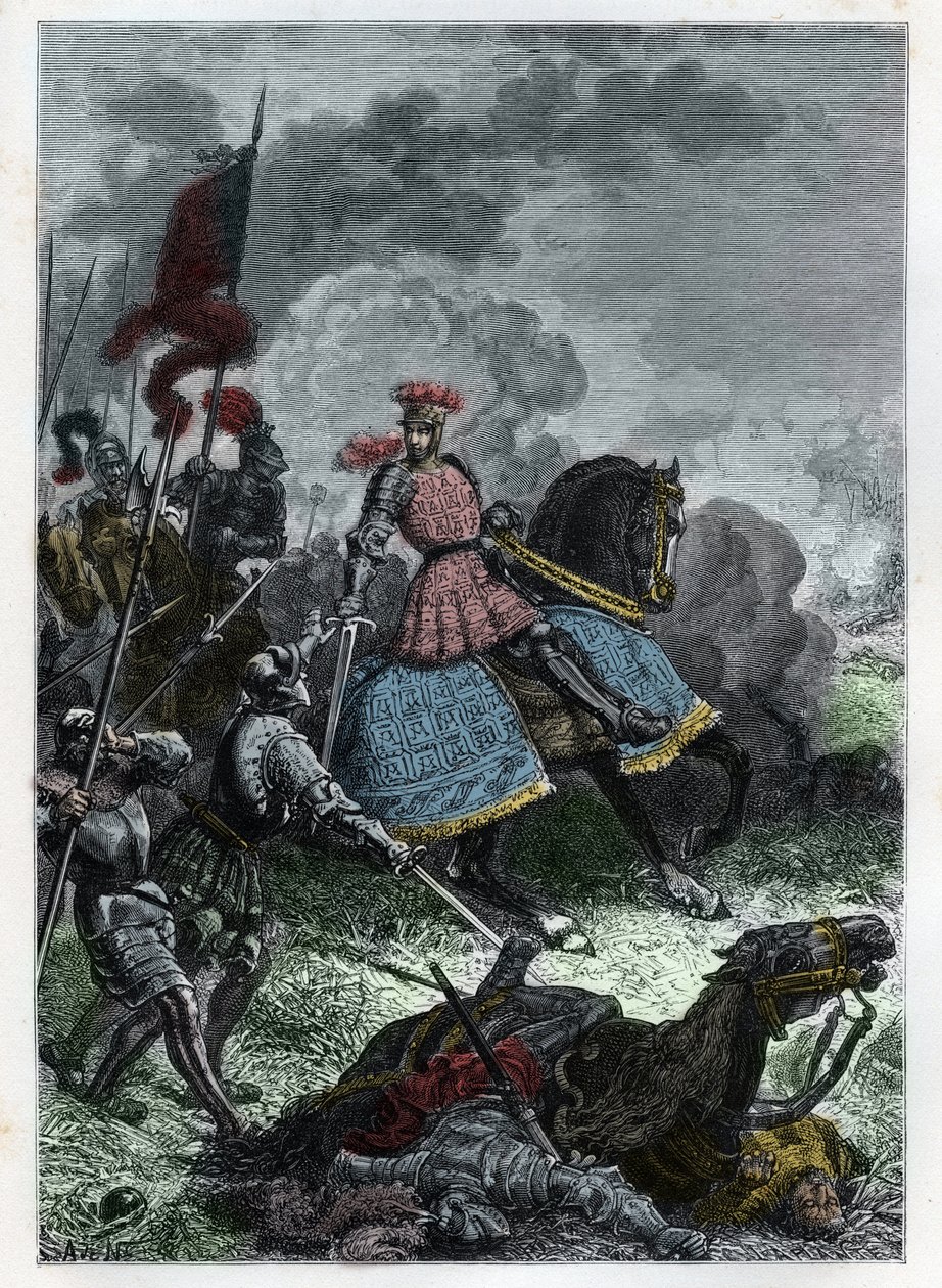 Ludwig XII. in der Schlacht von Agnadello bei Crema in der Lombardei, gewonnen vom König über die Venezianer am 14. Mai 1509 - Schlacht von Agnadello - Ludwig XII. von Frankreich besiegt die Venezianer - Gravur aus 