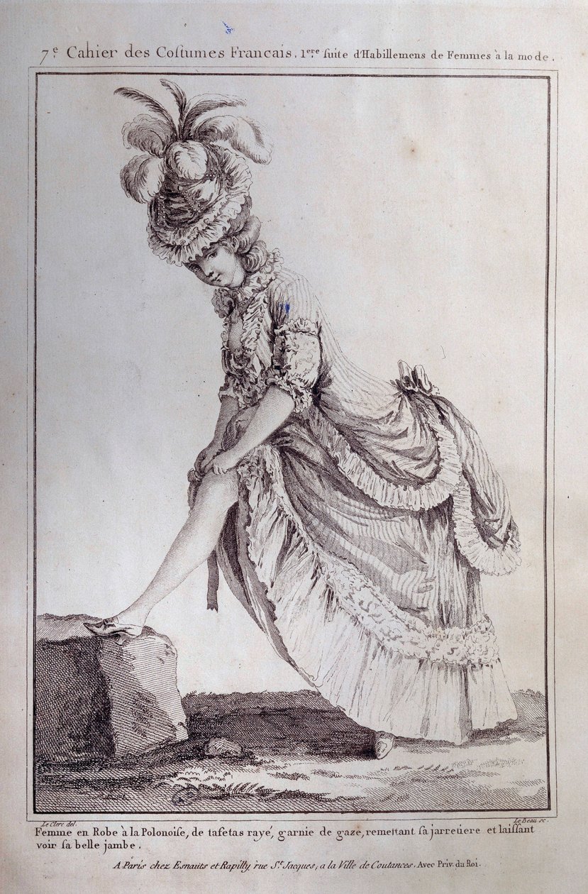 Mode unter Ludwig XVI.: ein Fußporträt einer jungen Frau in einem polnischen Kleid aus gestreiftem Taft. Gravur von 1778. Paris, dekorative Künste von French School