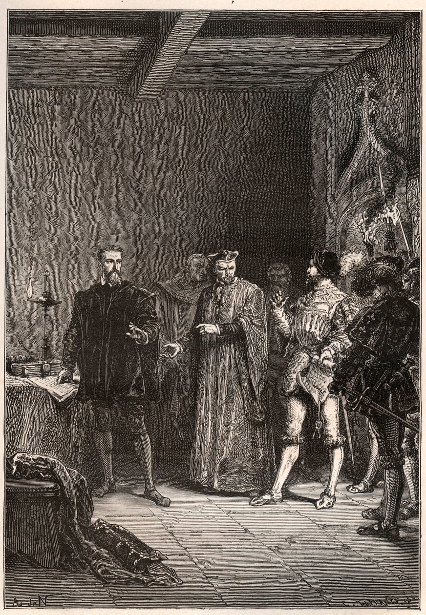 Louis de Berquin (1485-1529), Ritter und Humanist, religiöser Reformer, befreit von Jean de la Barre (1523-1533) Prévôt von Paris - Louis de Berquin (links) aus dem Gefängnis entlassen von Jean de la Barre - Gravur aus „L