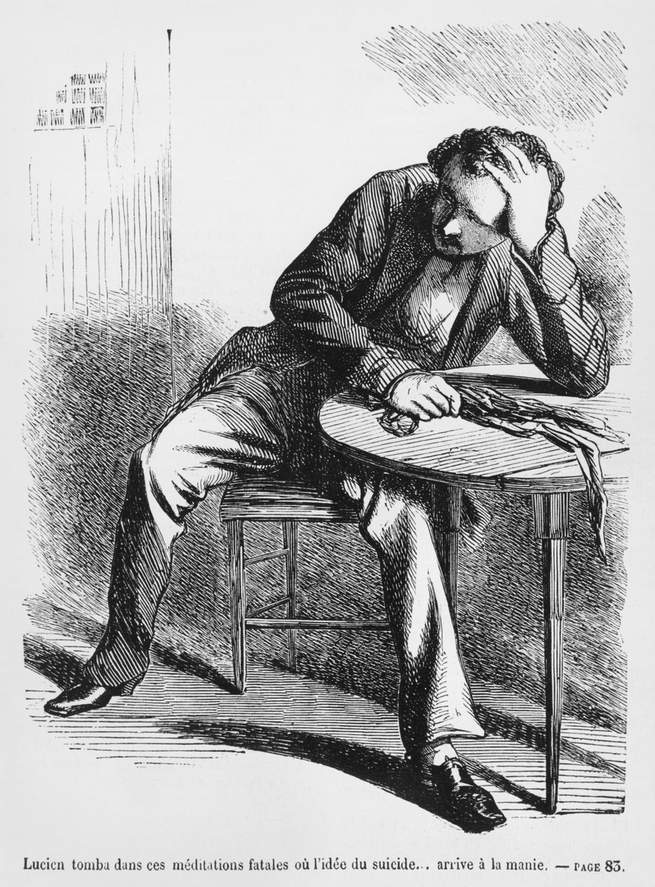 Lucien de Rubempré denkt an Selbstmord, Illustration aus Splendeurs et Misères des Courtisanes von Honoré de Balzac, veröffentlicht 1867 von French School