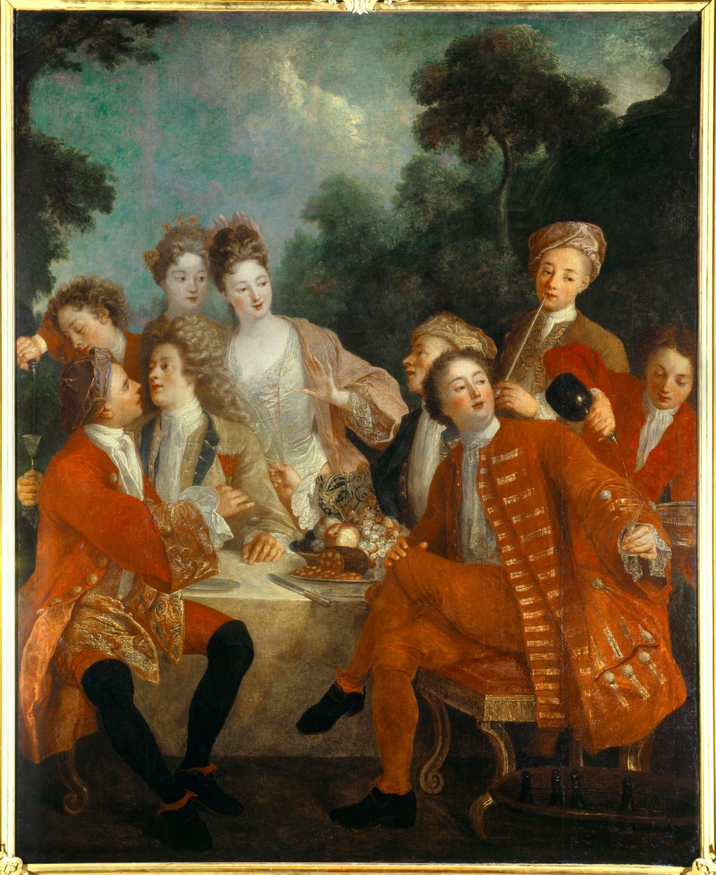 Mittagessen im Park. Adlige bei einem Landbankett. Gemälde der französischen Schule des 18. Jahrhunderts. Orléans Museum der Schönen Künste von French School
