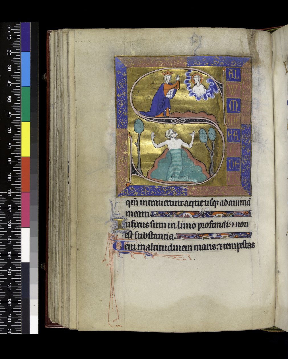 David betet zu Gott (oben), David sinkt ins Wasser (unten), aus dem Psalter und Stundenbuch von Isabella von Frankreich, Paris, ca. 1265-70 von French School