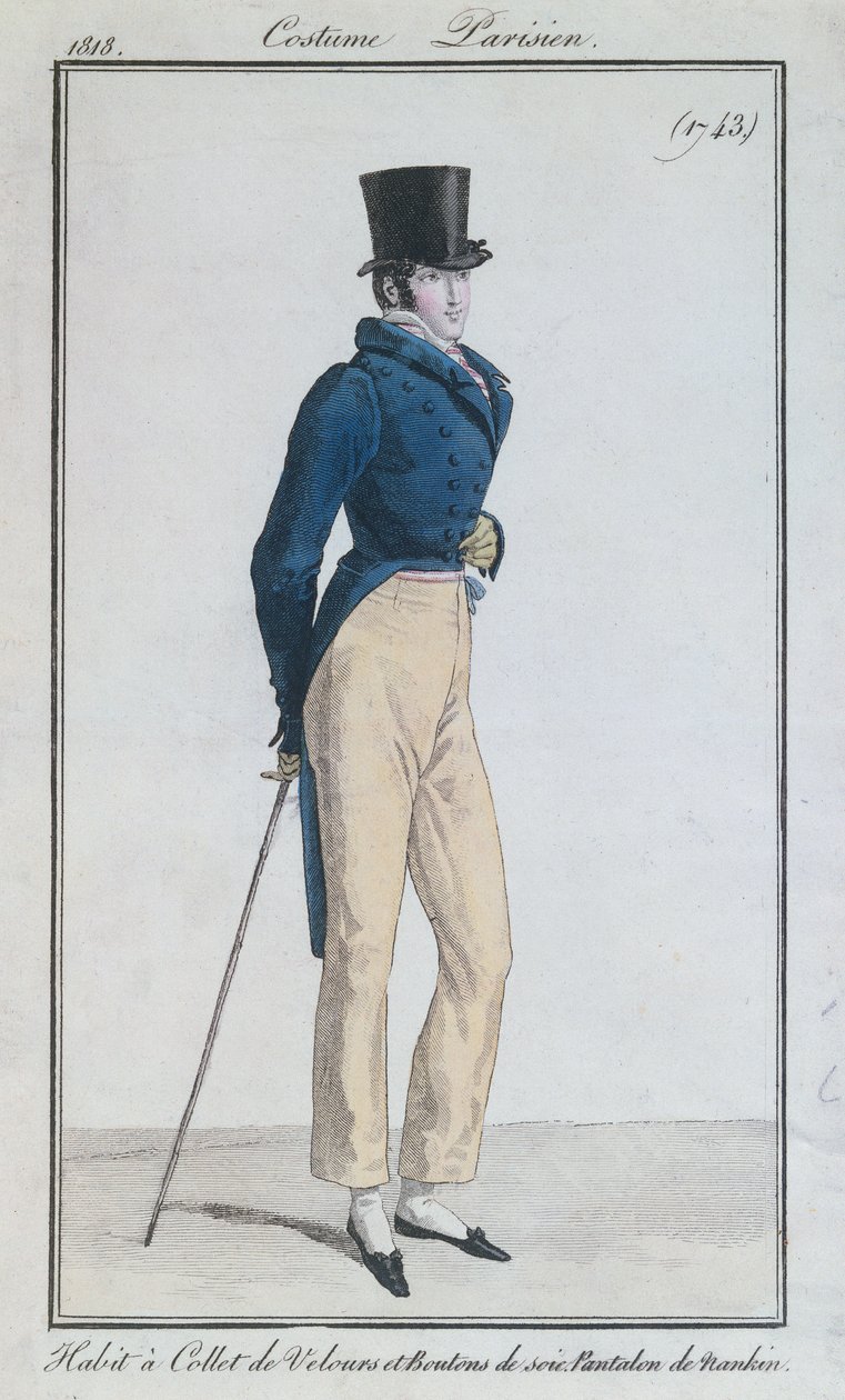 Männeranzug mit Samtkragen, Seidenknöpfen und Nankeen-Hosen, 1816 von French School