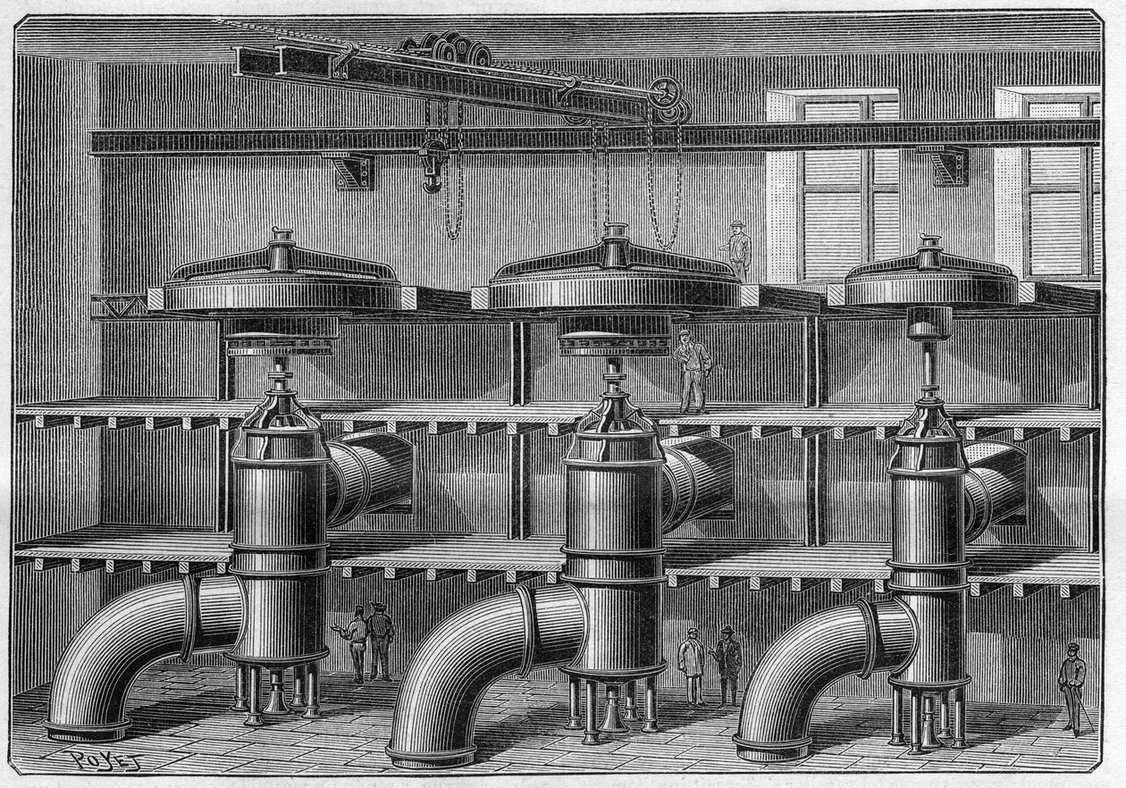 Herstellung von Aluminium; Installation von Turbinen und Dynamos im Werk Neuhausen (Schweiz). Gravur in „La Nature. Revue des sciences et de ses applications aux arts et à l
