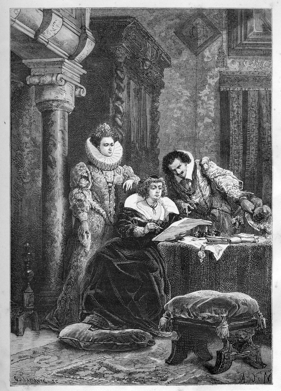 Marie de Medici mit ihren einflussreichen italienischen Freunden und Vertrauten Leonora Dori (Dosi) genannt Galigai (1571-1617) und ihrem Ehemann Concino Concini (Conchine) (ca. 1575-1617) von French School