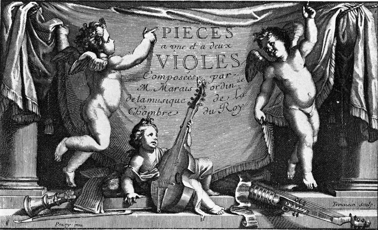 Marin Marais, Frontispiz von „Pieces a une et feux viololes“ von French School