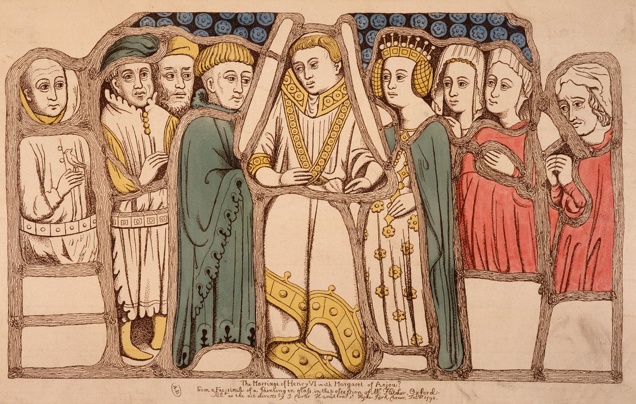 Hochzeit von Heinrich VI. von England (1421 - 1471) und Margarita von Anjou (1429 - 1482) im Jahr 1445. Kupferstich von 1793. Bibl. der Künste Deco in Paris von French School