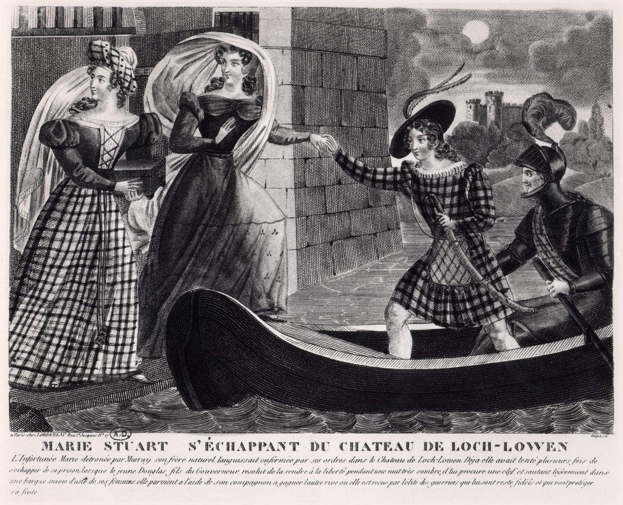 Mary Stuart (1542-87) flieht aus Schloss Loch Leven von French School
